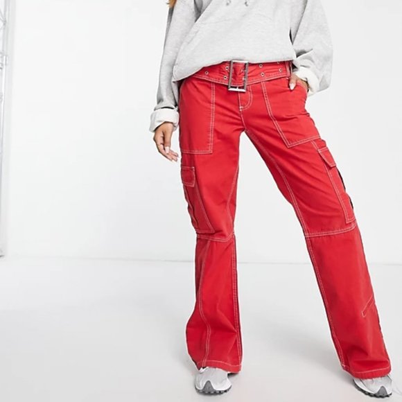 ASOS DESIGN Belted Flare Combat Cargo Pants In Red Size 8 NWOT - Picture 2 of 13